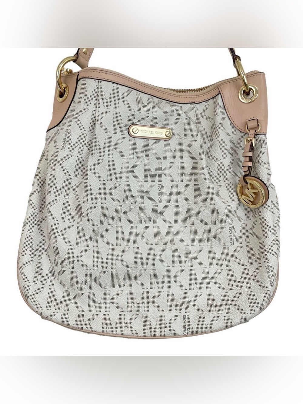 Michael Kors Jet Set Monogram Shoulder Bag Pleated White Tan Signature MK Logo